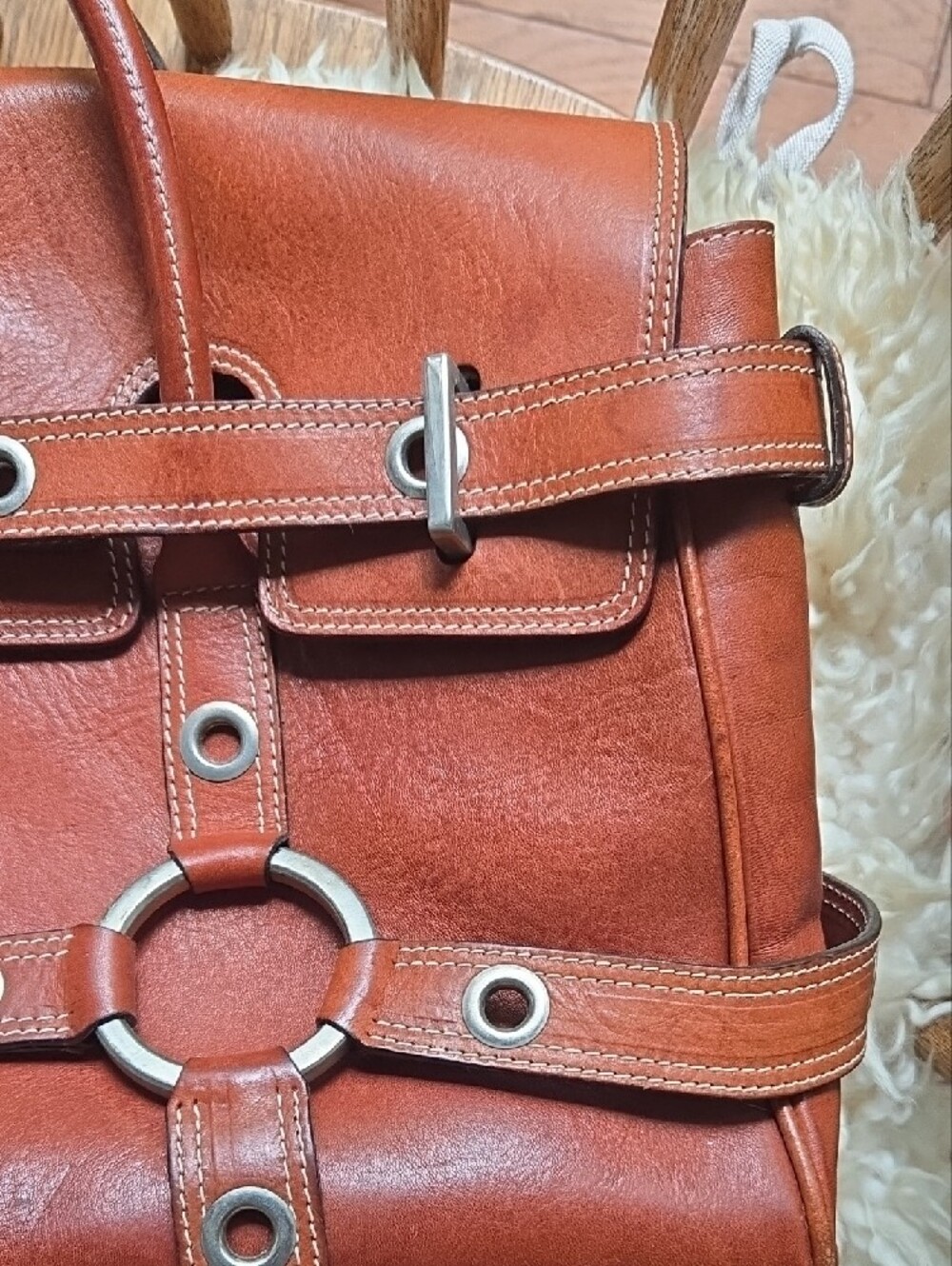 Vintage Luella Cognac Brown Leather Ring-Accent Satchel - Picture 4 of 10